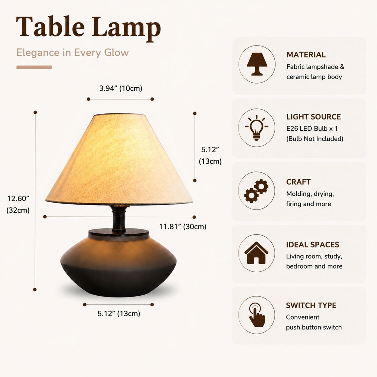 greenfx Farmhouse Ceramic Table Lamp – Black Base, Linen Shade