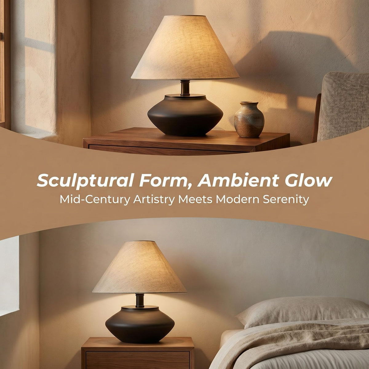 greenfx Farmhouse Ceramic Table Lamp – Black Base, Linen Shade