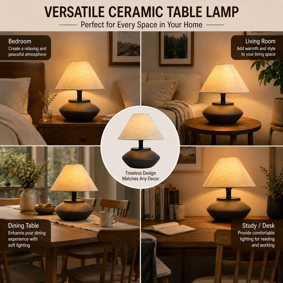 greenfx Farmhouse Ceramic Table Lamp – Black Base, Linen Shade