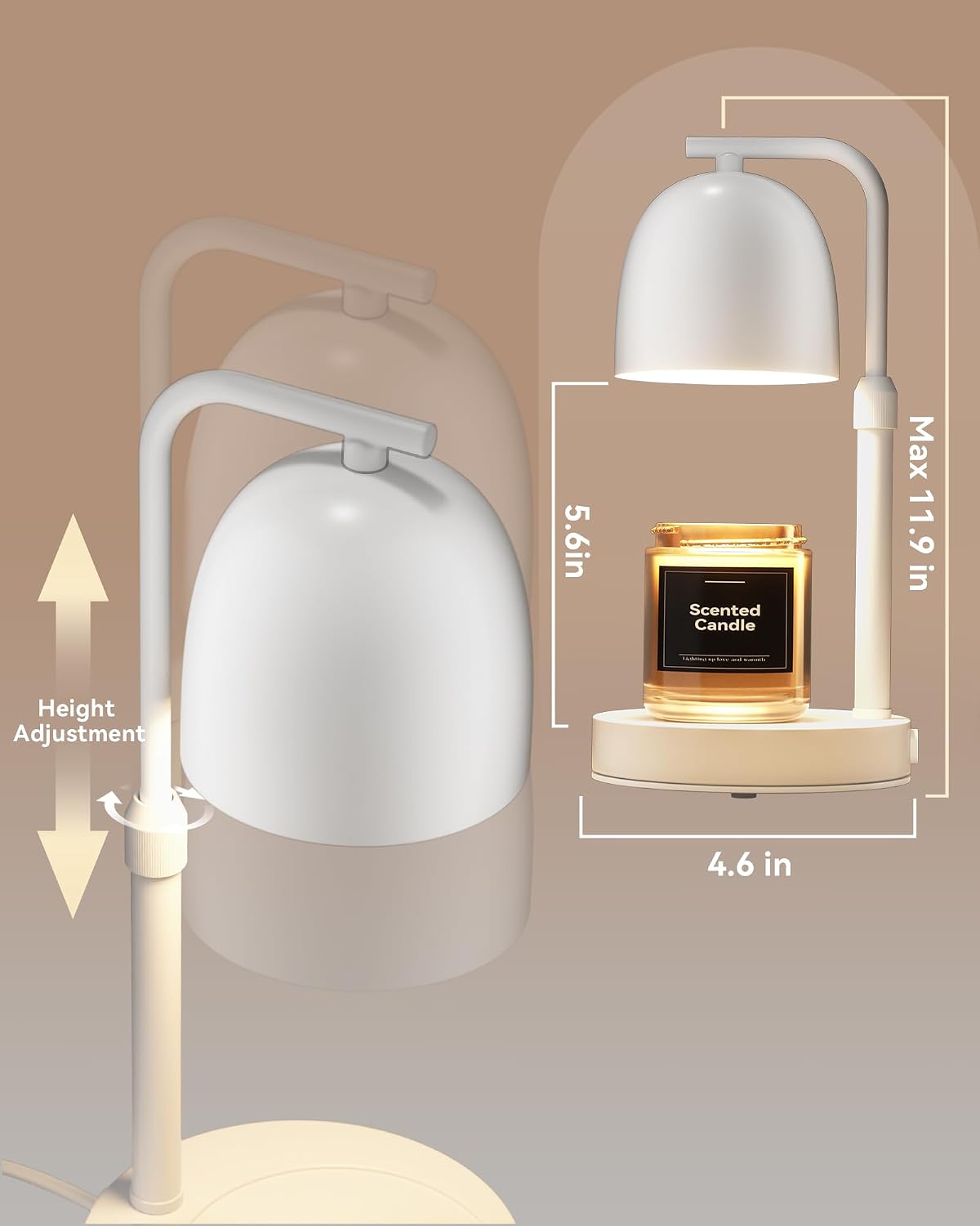 Adjustable Height Candle Warmer Lamp, White – Timer & Dimmer Function, Wax Melt Warmer for Jar Candles with 2 Bulbs, Birthday & Housewarming Gift