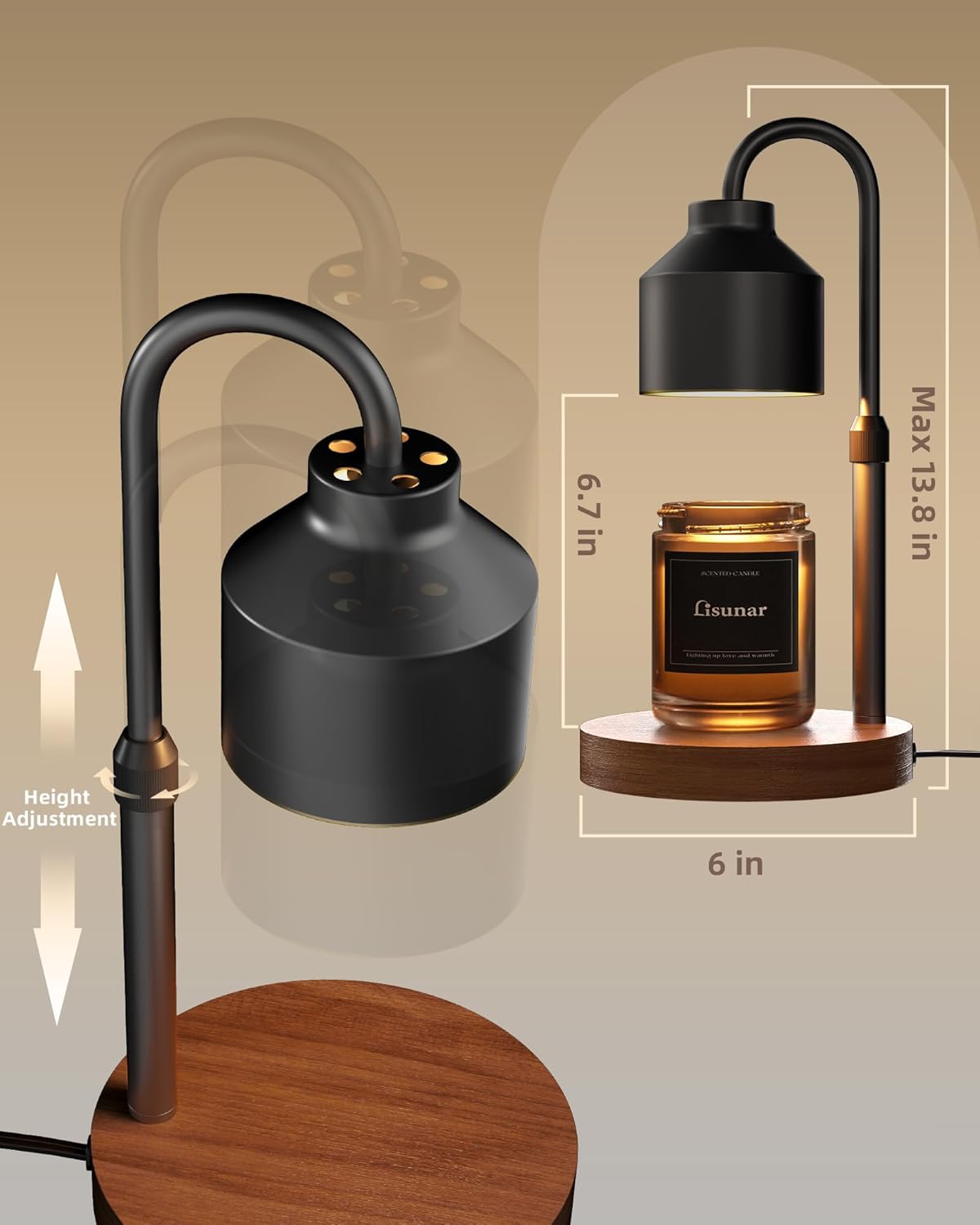 Black Electric Candle Warmer Lamp with Timer – Adjustable Height Wax Melt Warmer for Jar Candles, Includes 2 Bulbs