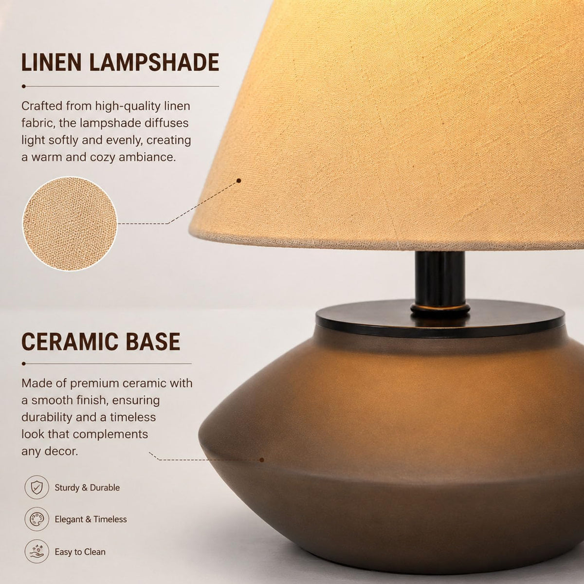 greenfx Farmhouse Ceramic Table Lamp – Black Base, Linen Shade