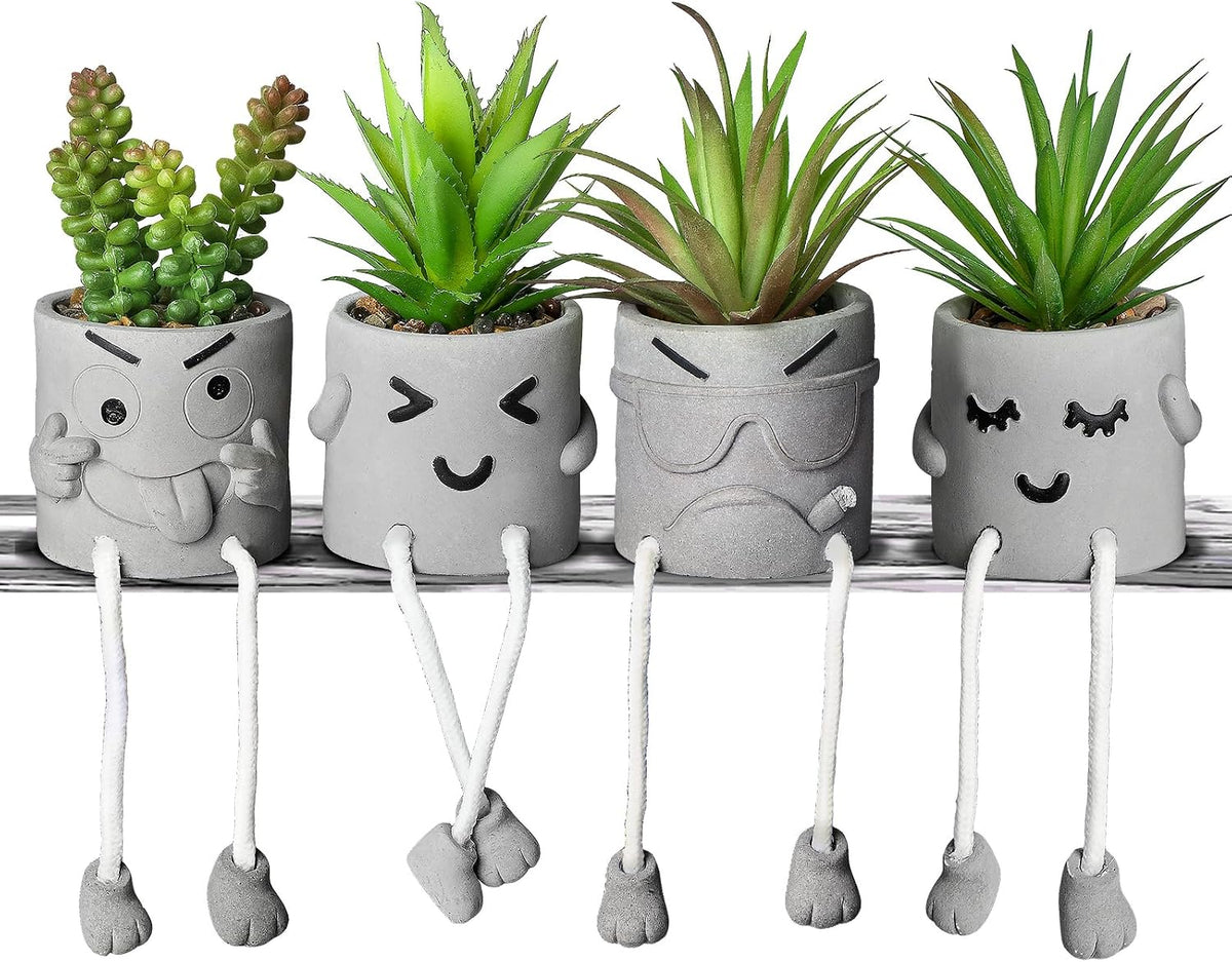 Mini Artificial Succulents in Ceramic Pots – Set of 4 Faux Plants for Home, Desk, Shelf, Kitchen & Office Decor
