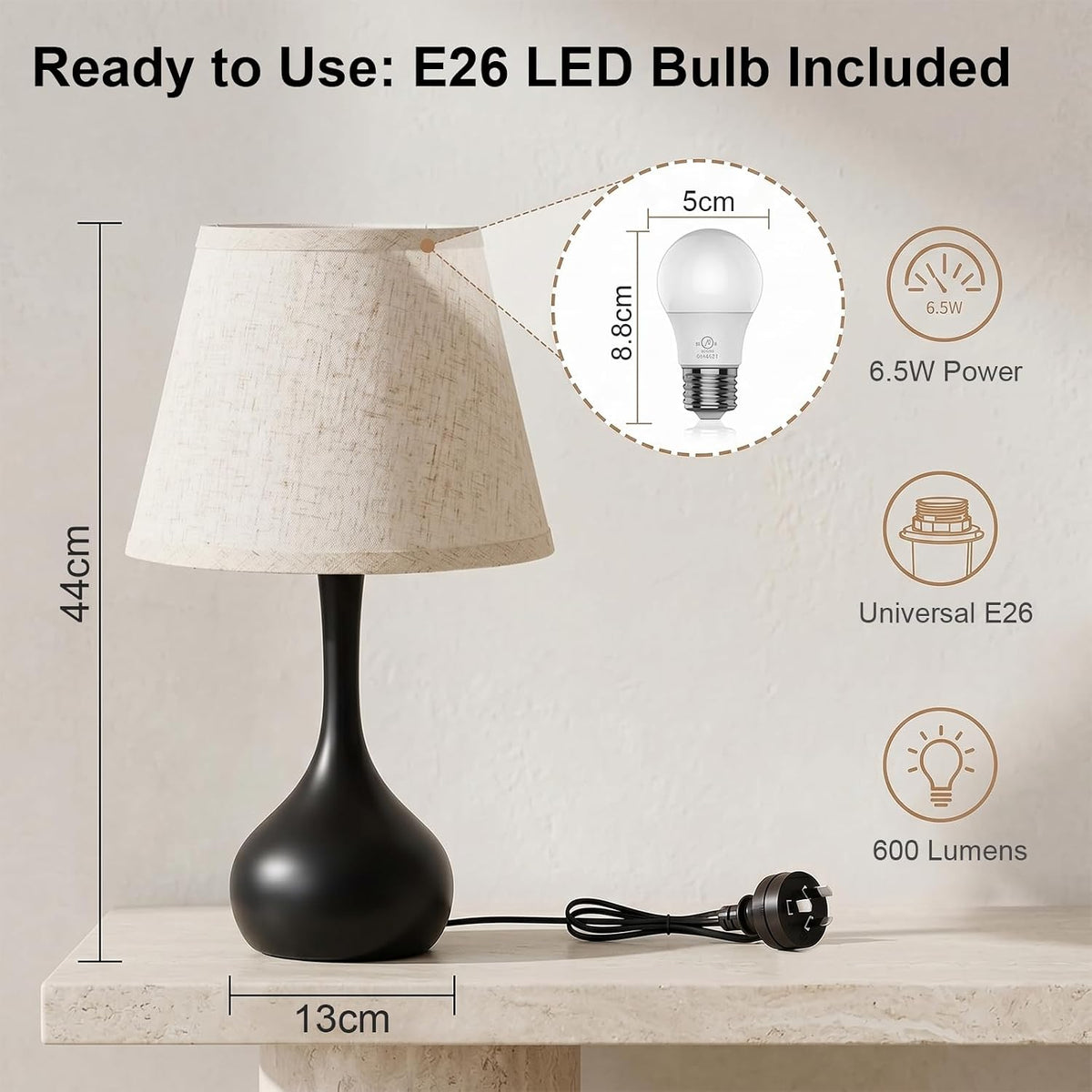 greenfx Touch Bedside Table Lamp – 3-Way Dimmable with Fabric Shade