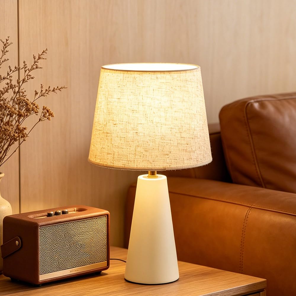 greenfx Modern Bedside Table Lamp – Linen Shade, Black Metal Base