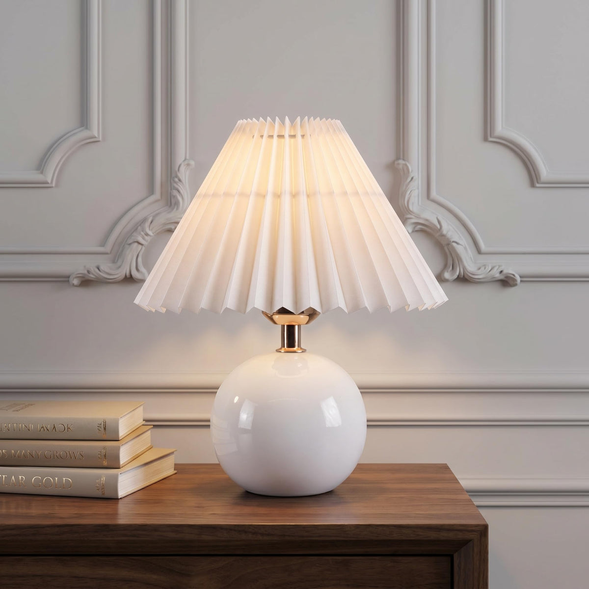 greenfx Ceramic Globe Table Lamp – Walnut Base, Beige Shade