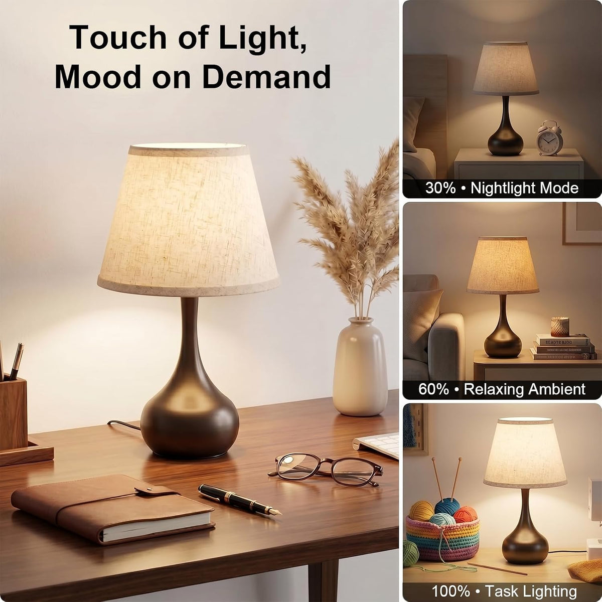 greenfx Touch Bedside Table Lamp – 3-Way Dimmable with Fabric Shade