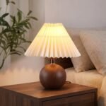GreenFx Ceramic Globe Table Lamp – Walnut Base, Beige Shade - Image 9