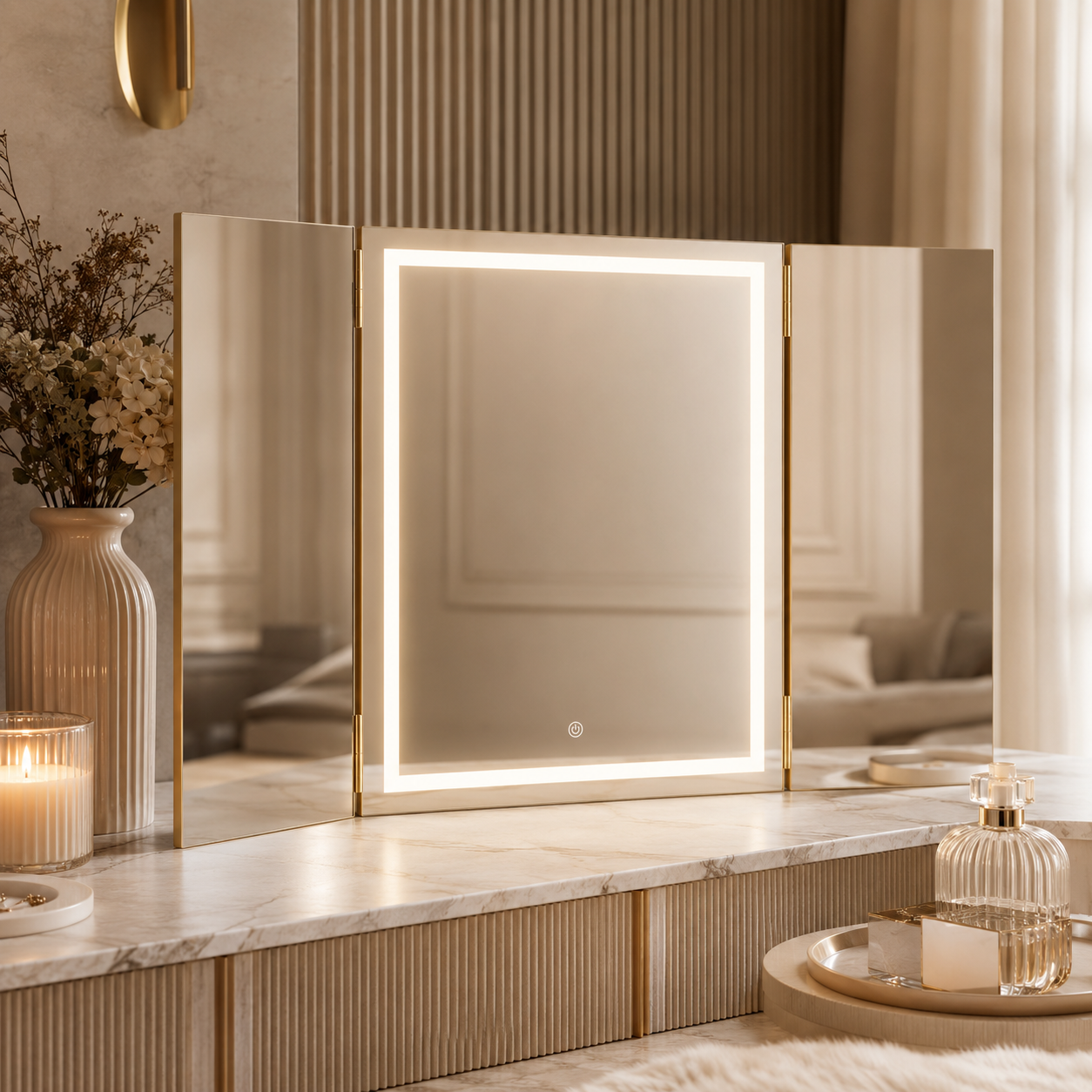 788addb06b4631863a500c8cfc040aec.png Lux Tri Fold Mirror Gold - Image 1