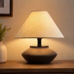 GreenFx Farmhouse Ceramic Table Lamp – Black Base, Linen Shade - Image 2